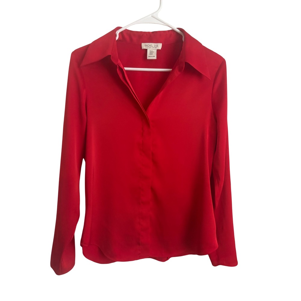 Rachel Zoe Red Satin Button Down Blouse Hidden Placket Long Sleeve Top XS